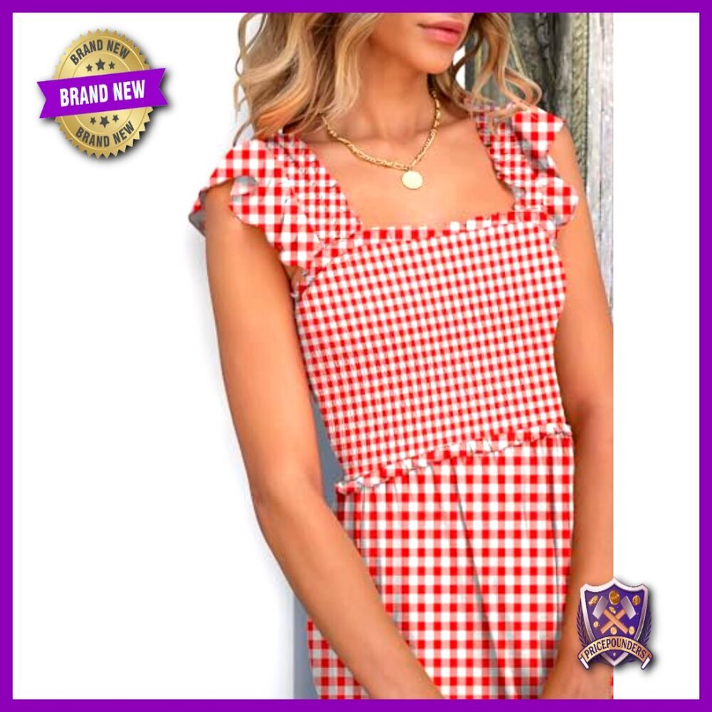Sleeveless Maxi Dress Square Neck Smocked Boho Casual Ruffle Strap Flowy A-Line - Picture 6 of 6